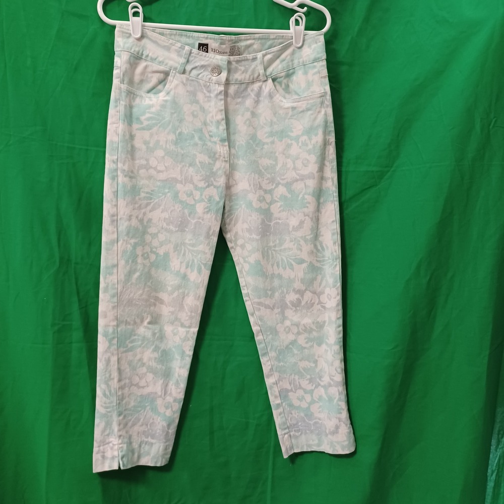 Rio‎ Jeans Womens Floral Print Cropped Pants Mint Green White Size 46 Stretch